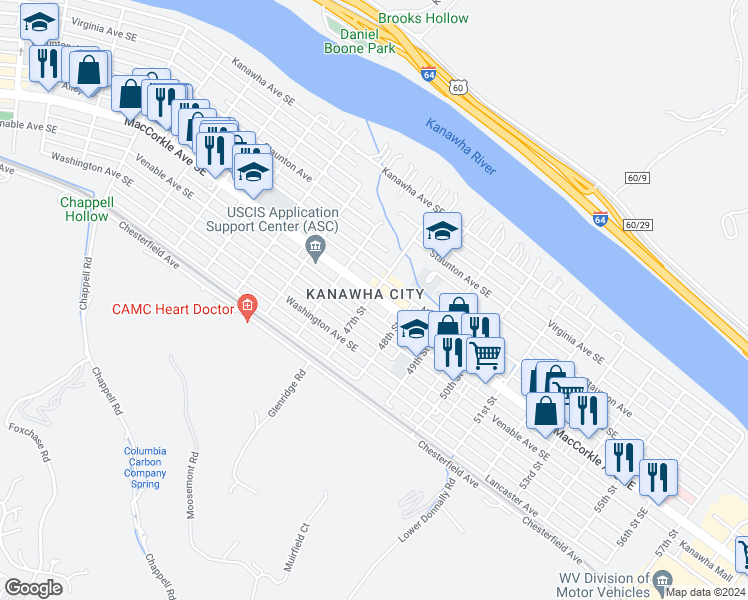 map of restaurants, bars, coffee shops, grocery stores, and more near in Charleston