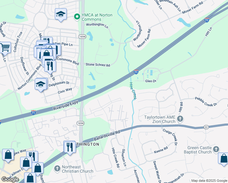 map of restaurants, bars, coffee shops, grocery stores, and more near 126 Southern Meadows in Louisville