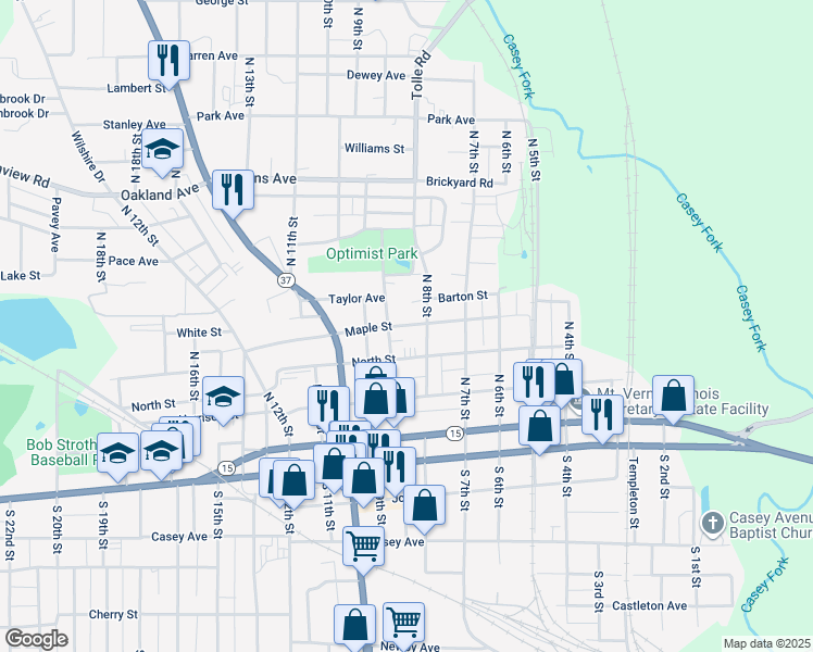 map of restaurants, bars, coffee shops, grocery stores, and more near 413-427 N Johnson Alley in Mt Vernon