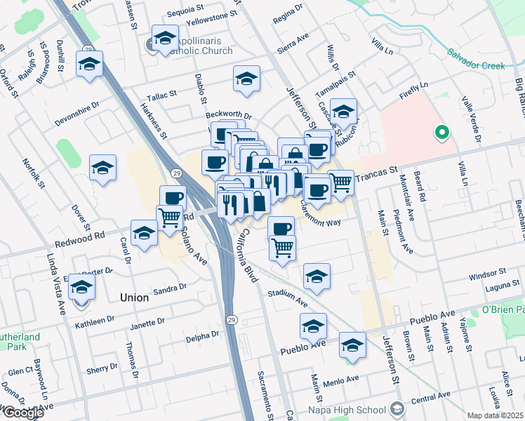 map of restaurants, bars, coffee shops, grocery stores, and more near 1685 Trancas Street in Napa