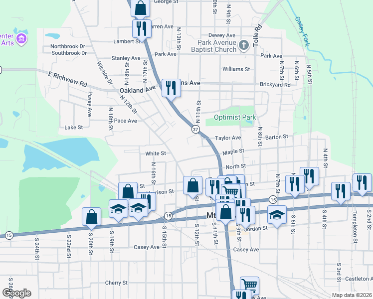 map of restaurants, bars, coffee shops, grocery stores, and more near Neal Dr in Mt Vernon