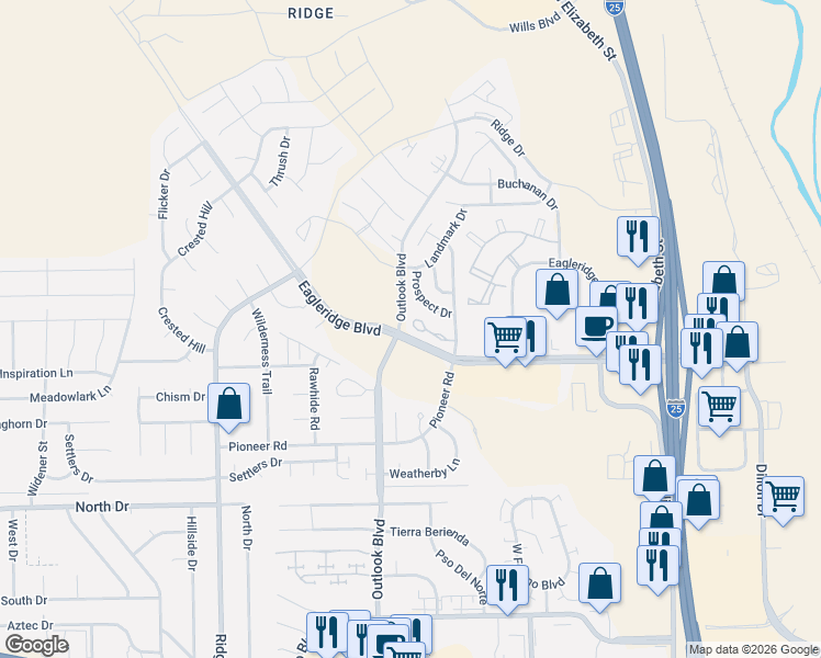 map of restaurants, bars, coffee shops, grocery stores, and more near 4820 Prospect Drive in Pueblo