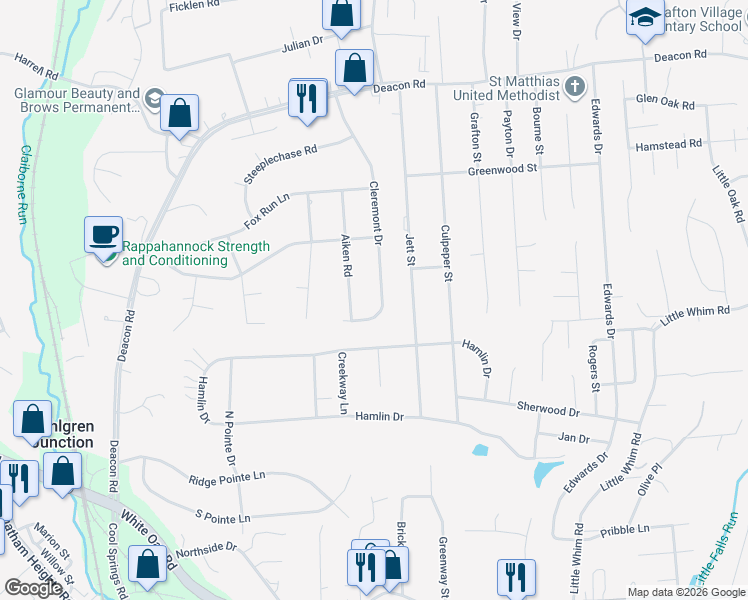 map of restaurants, bars, coffee shops, grocery stores, and more near 124 Cleremont Drive in Fredericksburg