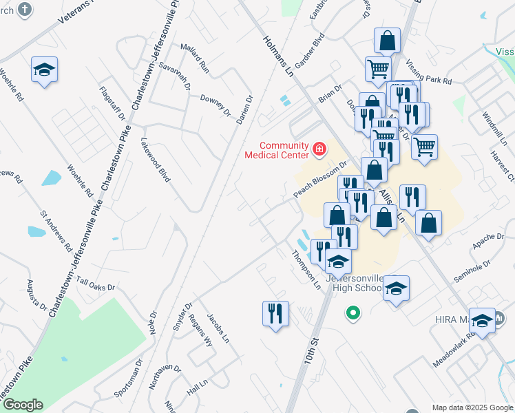map of restaurants, bars, coffee shops, grocery stores, and more near 109 Orchard Hills Drive in Jeffersonville