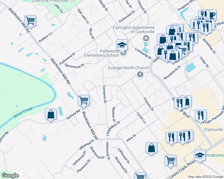 map of restaurants, bars, coffee shops, grocery stores, and more near 1418 Marlowe Drive in Clarksville