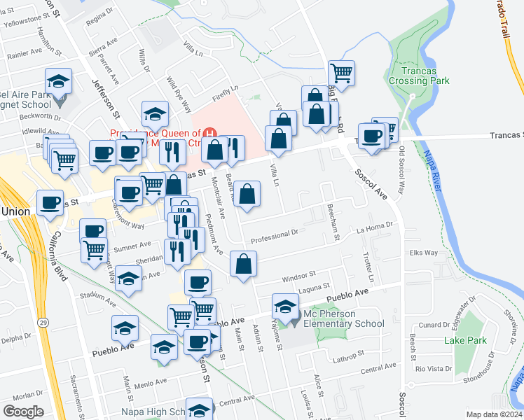 map of restaurants, bars, coffee shops, grocery stores, and more near 1144 Pear Tree Lane in Napa
