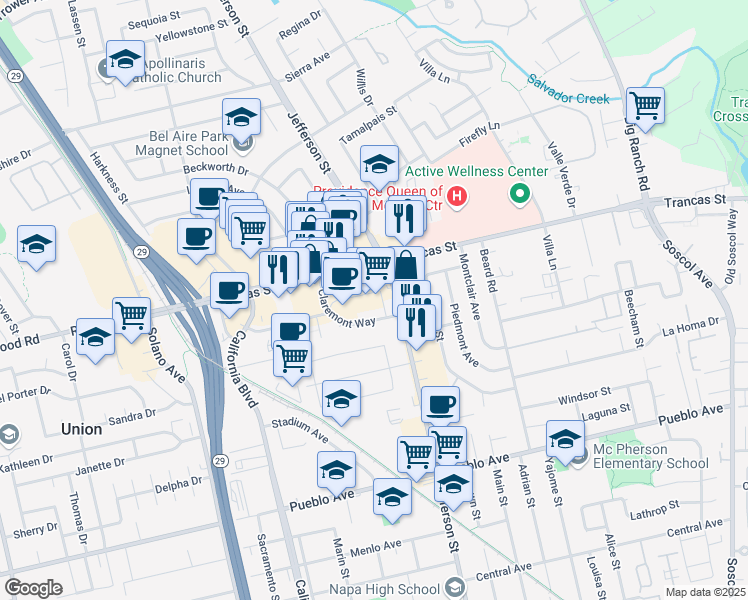 map of restaurants, bars, coffee shops, grocery stores, and more near 3325 Jefferson Street in Napa