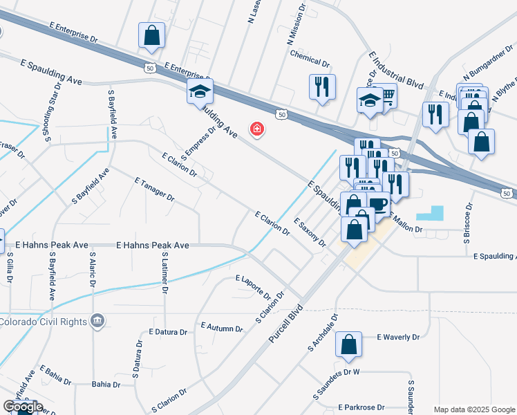 map of restaurants, bars, coffee shops, grocery stores, and more near 701 E Clarion Dr in Pueblo