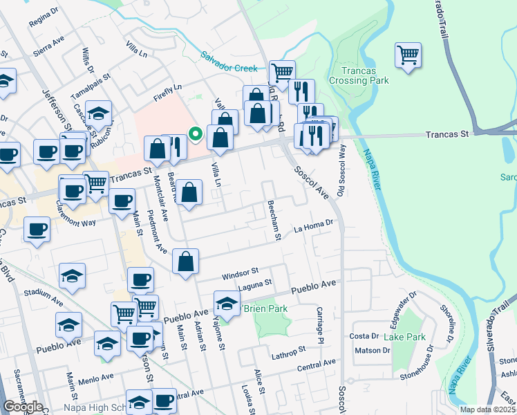 map of restaurants, bars, coffee shops, grocery stores, and more near 1268 Pear Tree Lane in Napa
