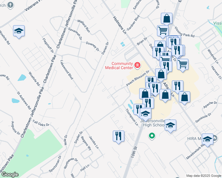map of restaurants, bars, coffee shops, grocery stores, and more near 109 Orchard Hills Drive in Jeffersonville