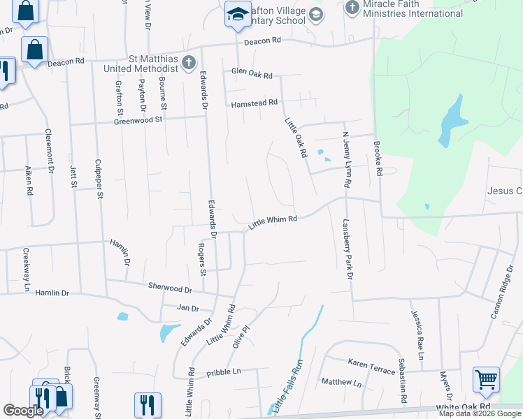map of restaurants, bars, coffee shops, grocery stores, and more near 163 Little Whim Road in Fredericksburg