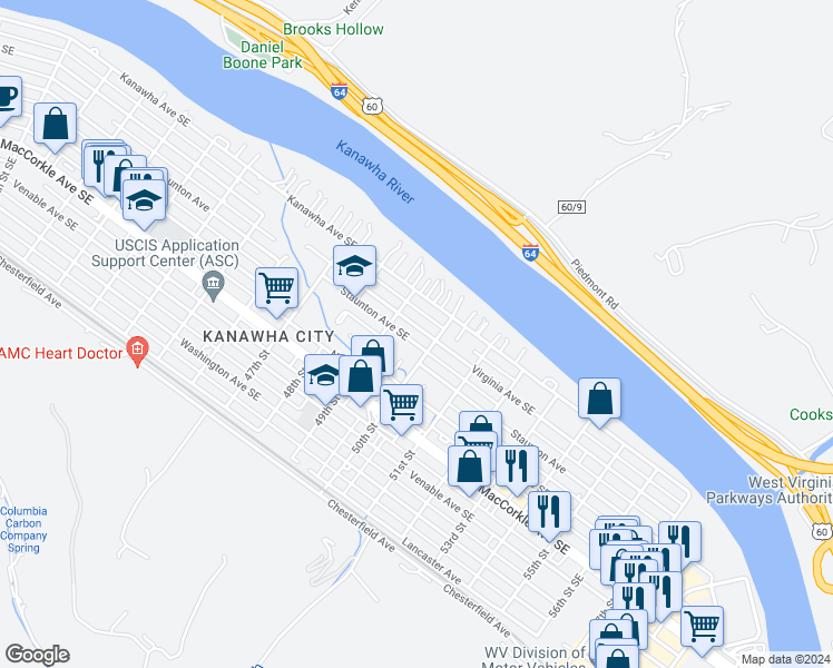 map of restaurants, bars, coffee shops, grocery stores, and more near 4907 Virginia Avenue in Charleston