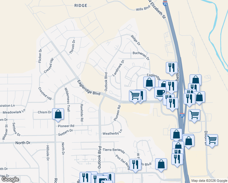 map of restaurants, bars, coffee shops, grocery stores, and more near 4820 Prospect Drive in Pueblo