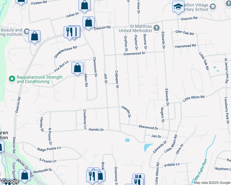 map of restaurants, bars, coffee shops, grocery stores, and more near 607 Culpeper Street in Fredericksburg