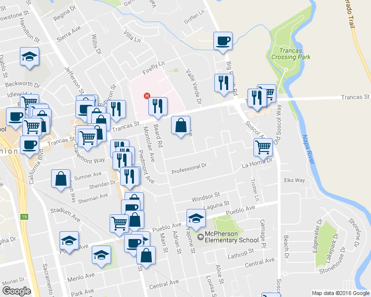 map of restaurants, bars, coffee shops, grocery stores, and more near 1170 Peartree Lane in Napa