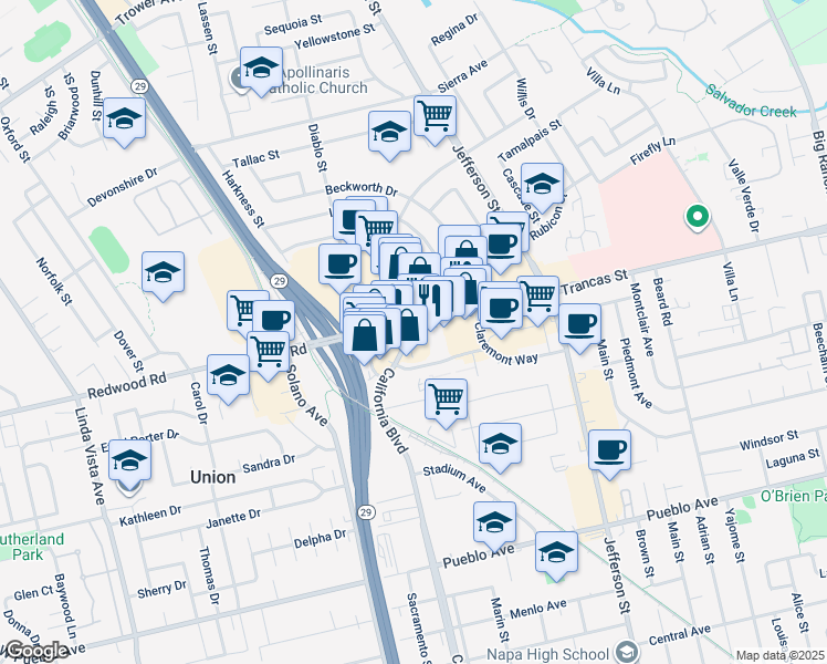 map of restaurants, bars, coffee shops, grocery stores, and more near 1685 Trancas Street in Napa