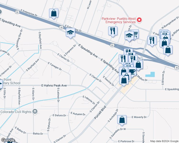 map of restaurants, bars, coffee shops, grocery stores, and more near 701 East Clarion Drive in Pueblo West