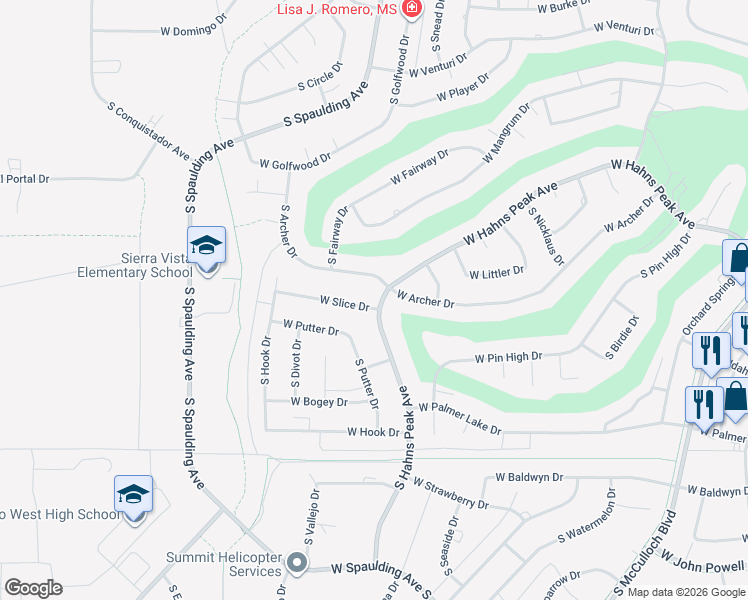 map of restaurants, bars, coffee shops, grocery stores, and more near 443 South Hahns Peak Avenue in Pueblo West
