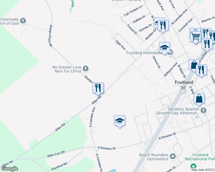 map of restaurants, bars, coffee shops, grocery stores, and more near 414 South Camden Avenue in Fruitland