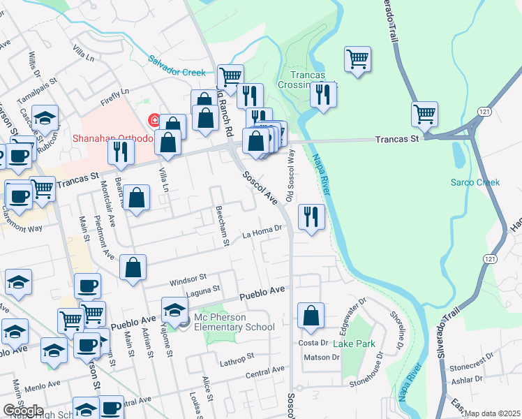 map of restaurants, bars, coffee shops, grocery stores, and more near 1657 Pear Tree Lane in Napa