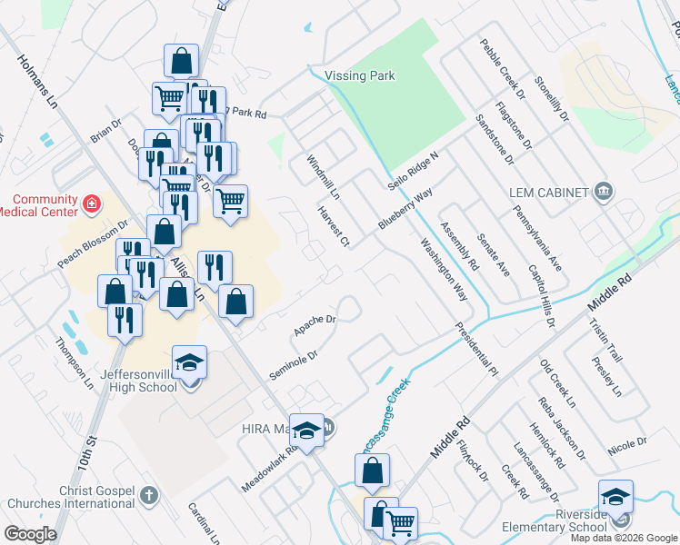 map of restaurants, bars, coffee shops, grocery stores, and more near 3316 Page Place in Jeffersonville