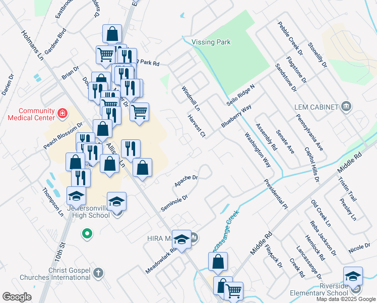 map of restaurants, bars, coffee shops, grocery stores, and more near 3163 Wooded Way in Jeffersonville