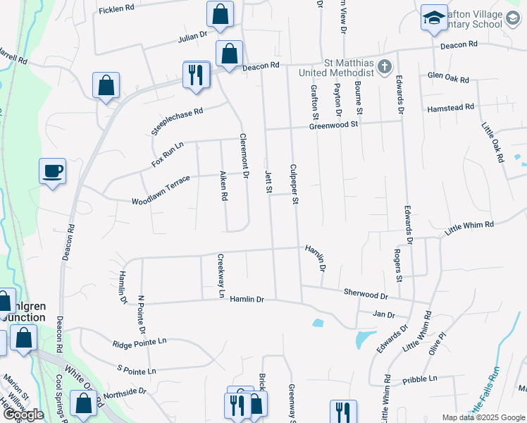 map of restaurants, bars, coffee shops, grocery stores, and more near 609 Jett Street in Fredericksburg