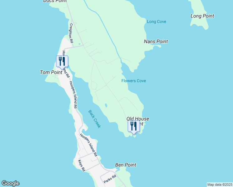 map of restaurants, bars, coffee shops, grocery stores, and more near 2539 Old House Point Road in Fishing Creek