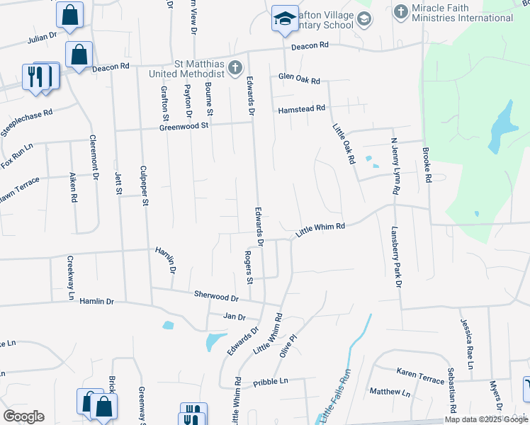 map of restaurants, bars, coffee shops, grocery stores, and more near 606 Edwards Drive in Fredericksburg