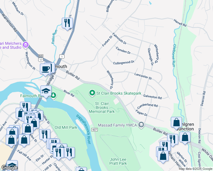 map of restaurants, bars, coffee shops, grocery stores, and more near 811 Winterberry Drive in Fredericksburg