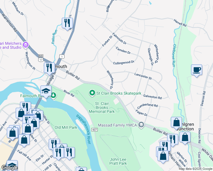map of restaurants, bars, coffee shops, grocery stores, and more near 811 Winterberry Drive in Fredericksburg