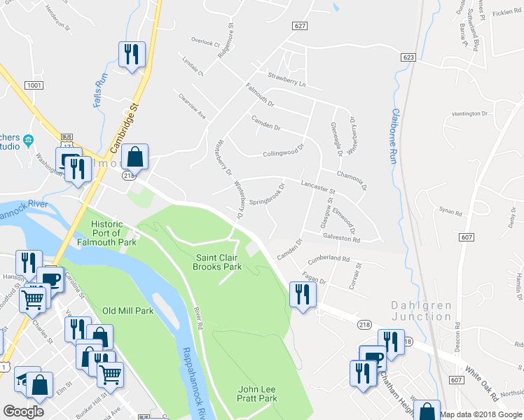 map of restaurants, bars, coffee shops, grocery stores, and more near 2 Oak Crest Court in Fredericksburg