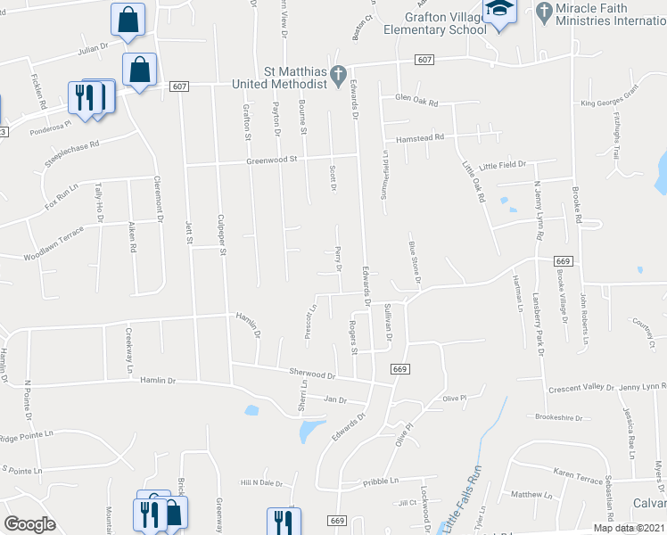 map of restaurants, bars, coffee shops, grocery stores, and more near 605 Perry Drive in Fredericksburg