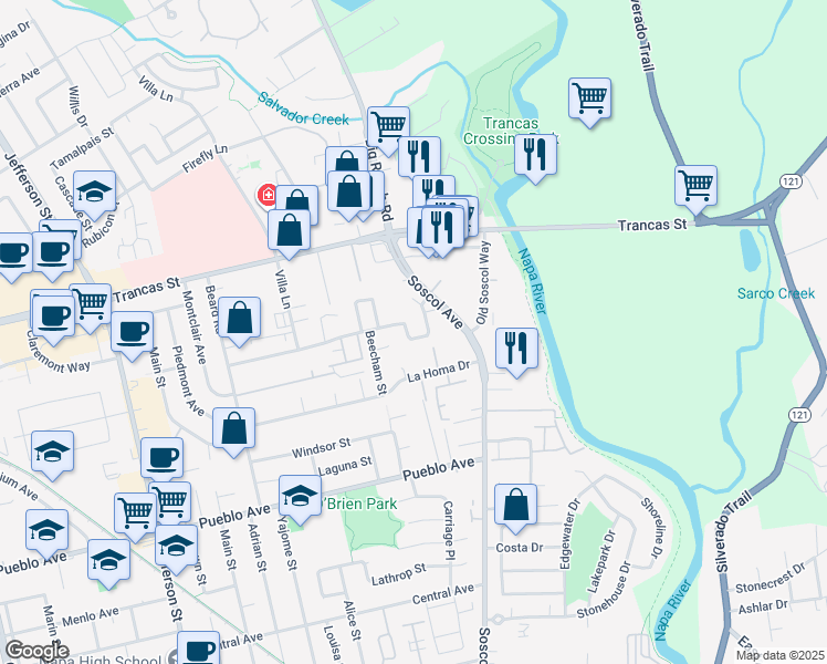 map of restaurants, bars, coffee shops, grocery stores, and more near 1624 Pear Tree Lane in Napa