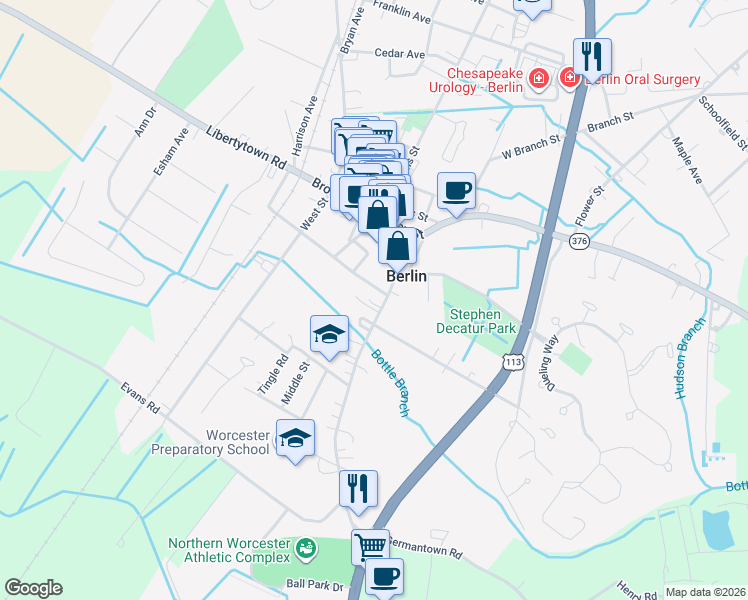 map of restaurants, bars, coffee shops, grocery stores, and more near 200 South Main Street in Berlin