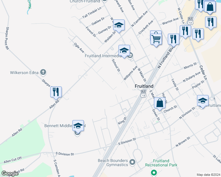 map of restaurants, bars, coffee shops, grocery stores, and more near 126 Ridgefield Lane in Fruitland