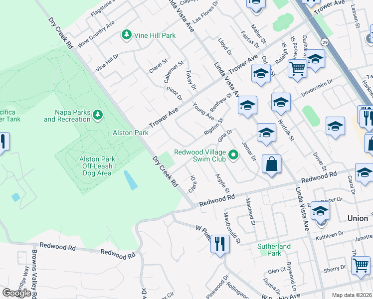 map of restaurants, bars, coffee shops, grocery stores, and more near 2517 Rigdon Court in Napa