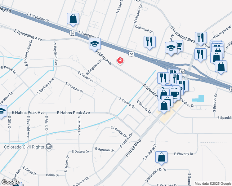 map of restaurants, bars, coffee shops, grocery stores, and more near 681 East Clarion Drive in Pueblo West
