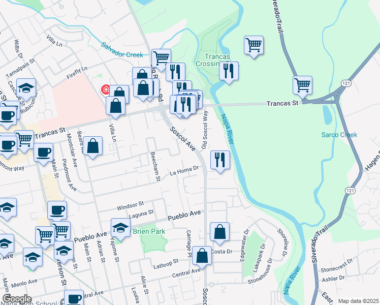 map of restaurants, bars, coffee shops, grocery stores, and more near 2991 Soscol Avenue in Napa