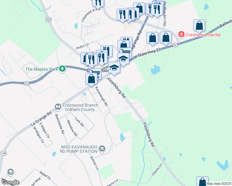 map of restaurants, bars, coffee shops, grocery stores, and more near 7200 Floydsburg Road in Crestwood
