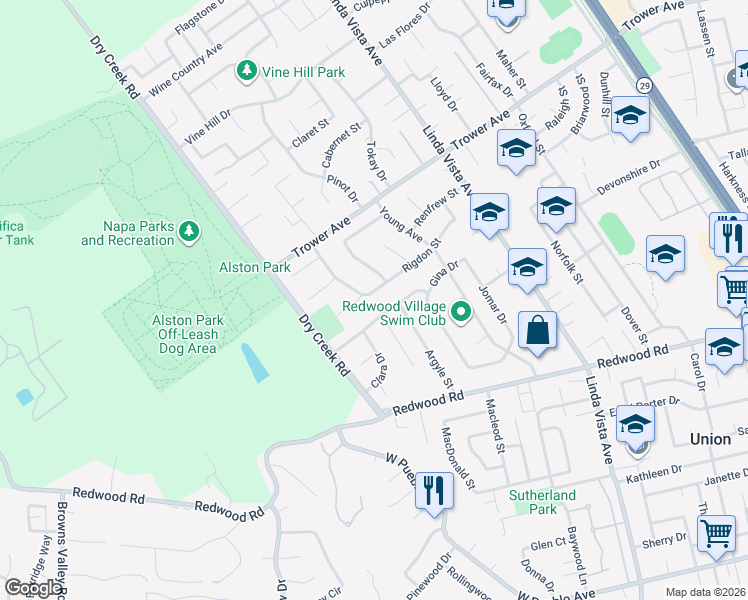 map of restaurants, bars, coffee shops, grocery stores, and more near 2517 Rigdon Court in Napa