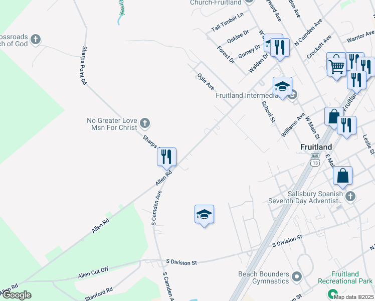 map of restaurants, bars, coffee shops, grocery stores, and more near 414 South Camden Avenue in Fruitland