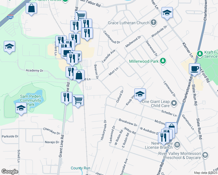 map of restaurants, bars, coffee shops, grocery stores, and more near 1848 McDonald Lane in New Albany