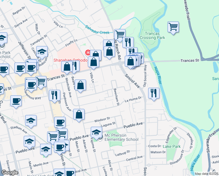 map of restaurants, bars, coffee shops, grocery stores, and more near 1268 Peartree Lane in Napa