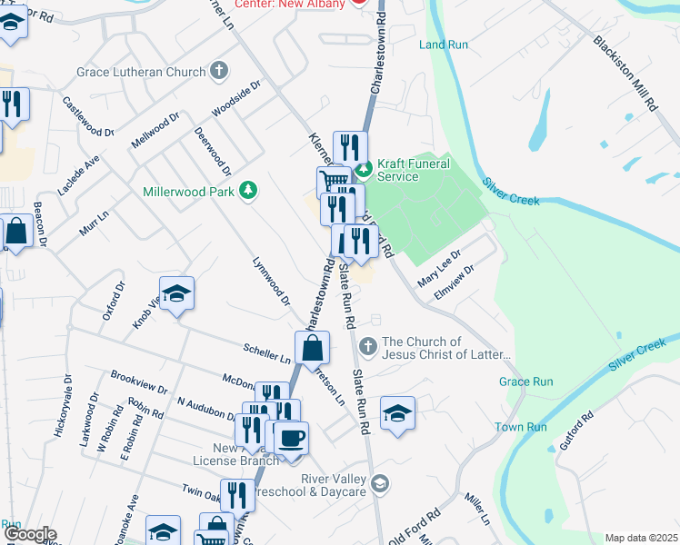 map of restaurants, bars, coffee shops, grocery stores, and more near 1629 Slate Run Road in New Albany