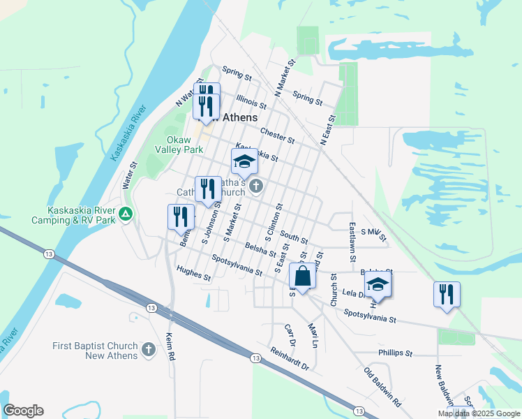 map of restaurants, bars, coffee shops, grocery stores, and more near 303 South Jackson Street in New Athens