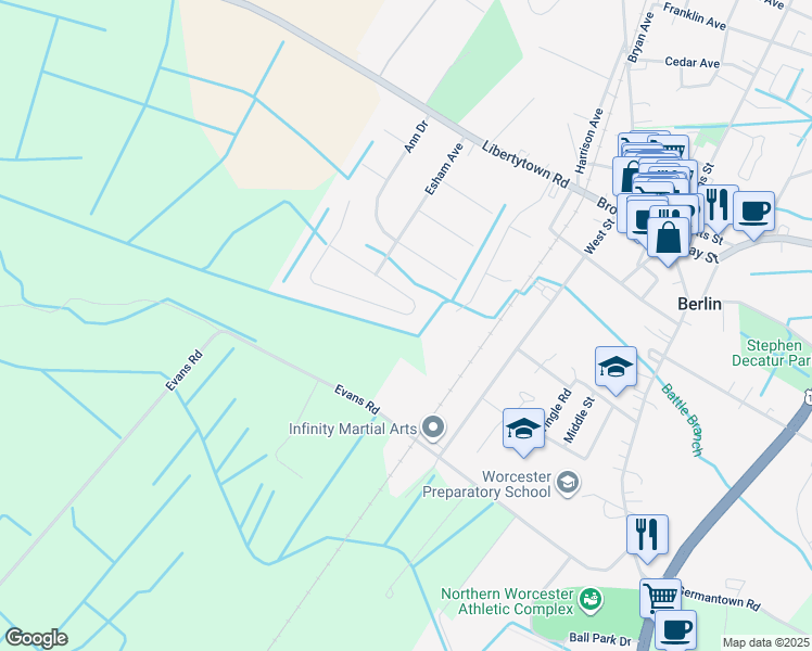 map of restaurants, bars, coffee shops, grocery stores, and more near 257 Powell Circle in Berlin