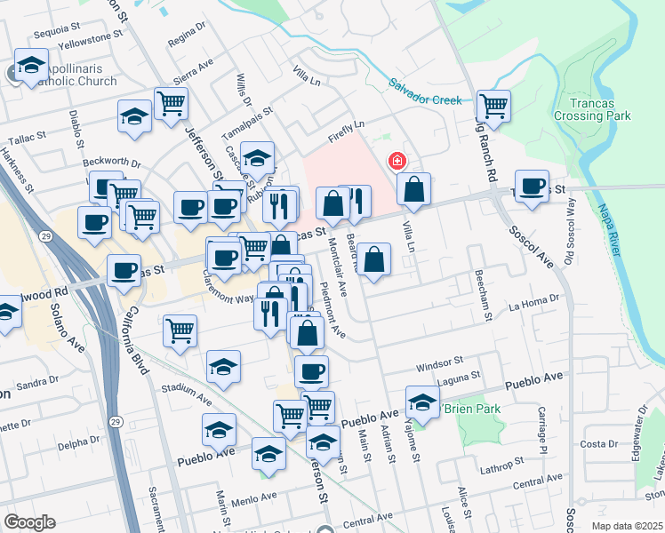 map of restaurants, bars, coffee shops, grocery stores, and more near 3253 Montclair Avenue in Napa