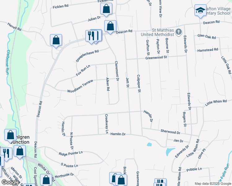 map of restaurants, bars, coffee shops, grocery stores, and more near 122 Cleremont Drive in Fredericksburg