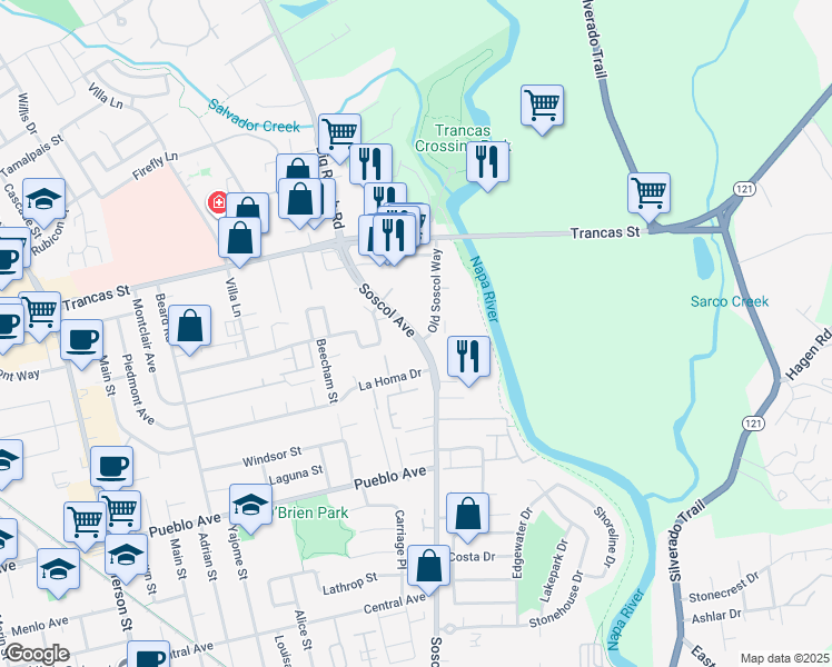 map of restaurants, bars, coffee shops, grocery stores, and more near 2991 Soscol Avenue in Napa